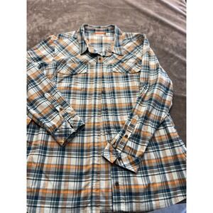 LL Bean Mens 1X Plaid Button Down Shirt Orange‎ Blue Gray Long Sleeve Flannel